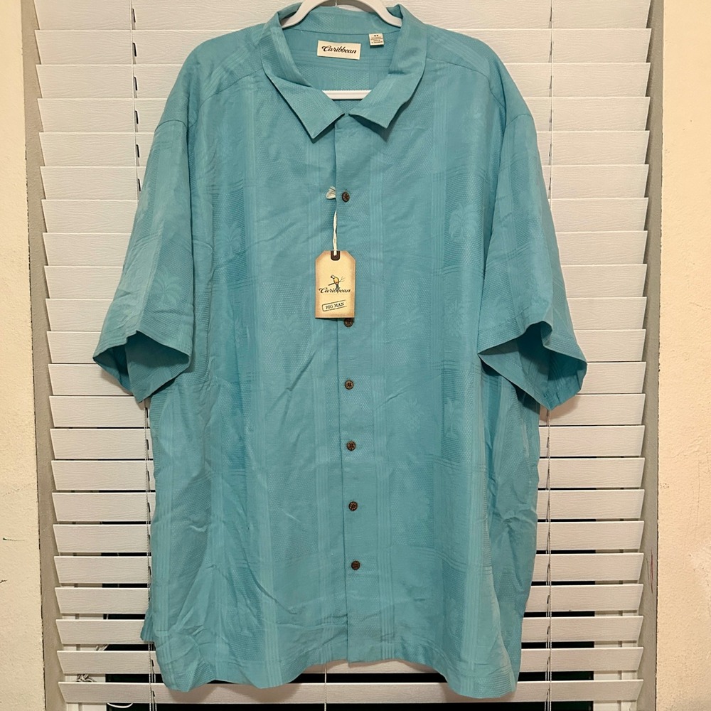 Caribbean Roundtree & Yorke Mens 4X Aqua Blue Tropical Palm Camp Shirt NWT Big